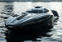 a black speedboat on water